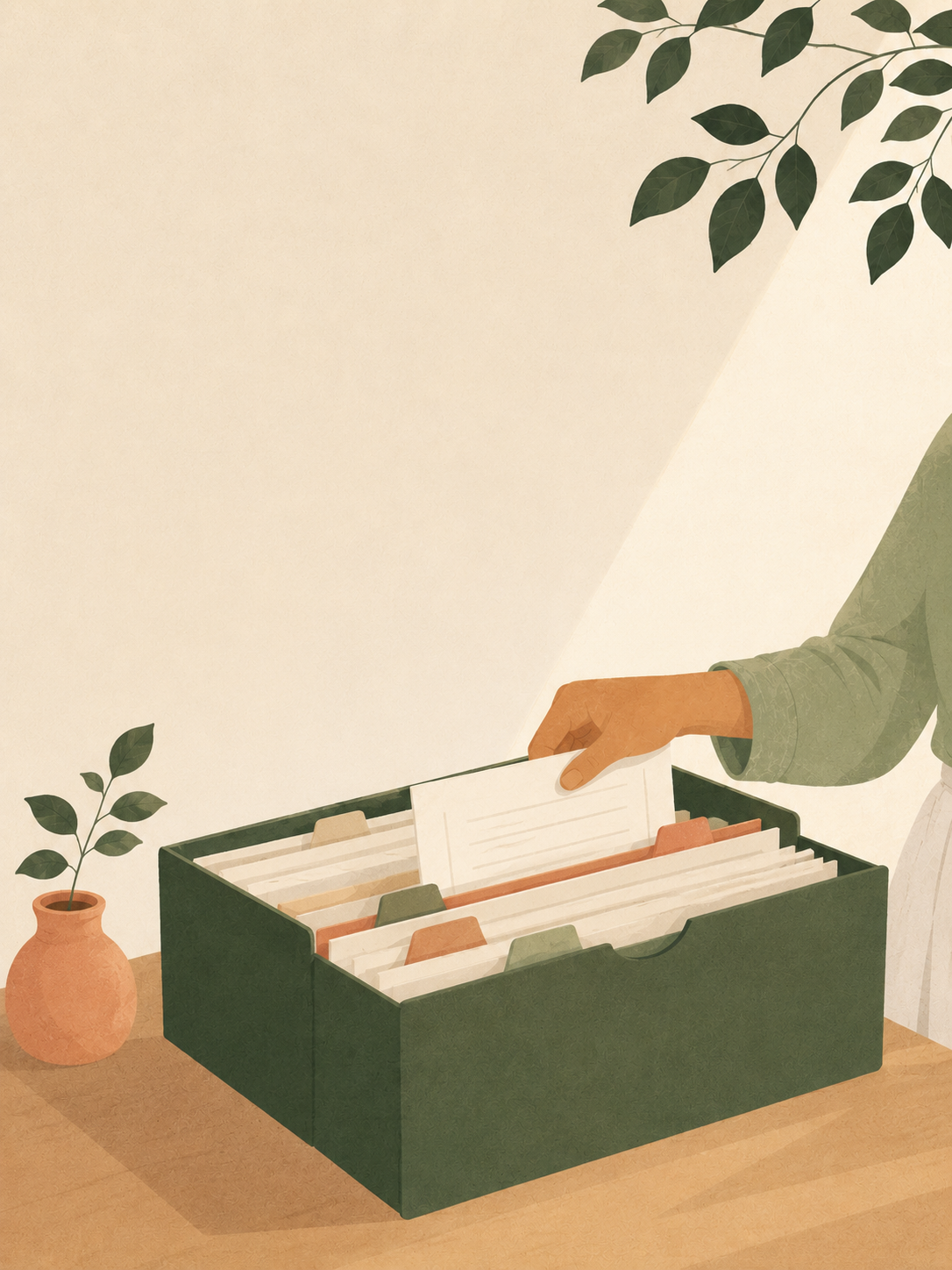 Ilustração: caixa verde de arquivos com divisórias organizadas, uma mão guardando um documento