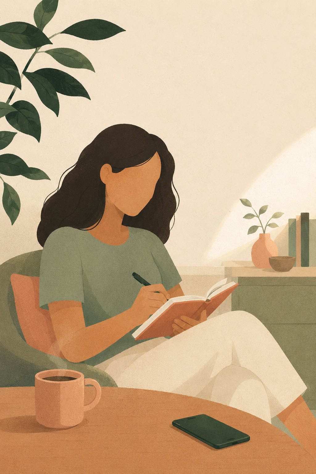 Ilustração: mulher escrevendo o próprio relato em um caderno, na poltrona de casa