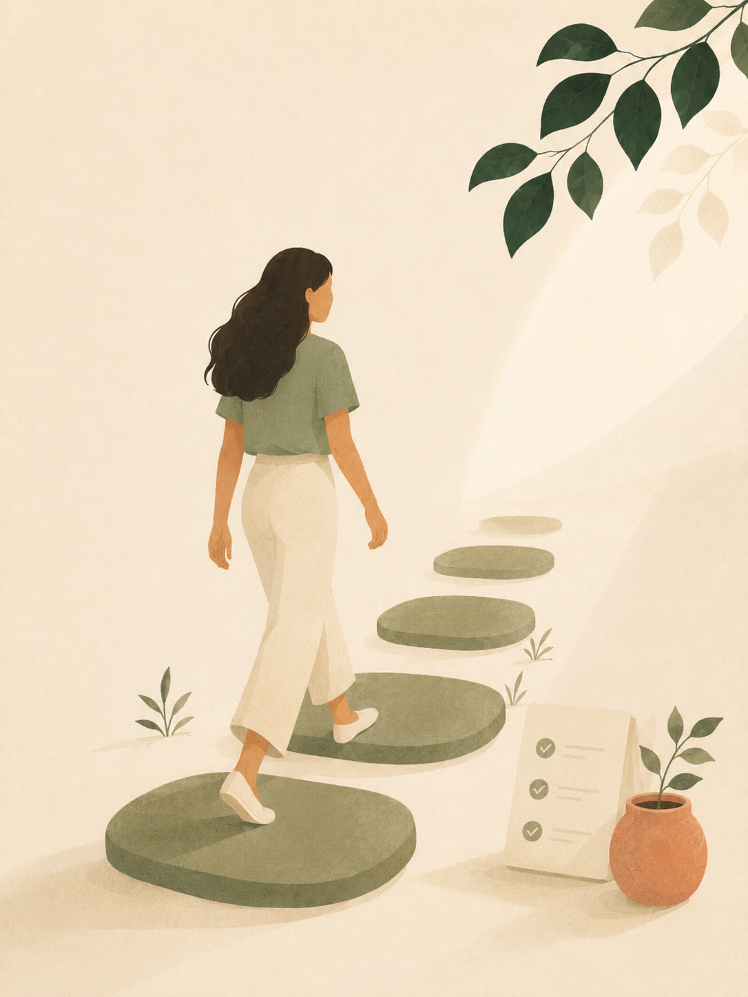 Ilustração: mulher subindo um caminho de pedras largas em direção à luz